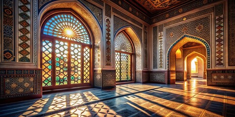 Serene Mosque Interior: Sunlight Through Arabic Window, Shadowy Walls, Islamic Architecture