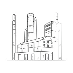 Industrial Factory Complex Line Art - Manufacturing Plant with Smokestacks and Buildings Black and White Architectural Drawing in Minimalist Style. Architectural and building themes design vector.