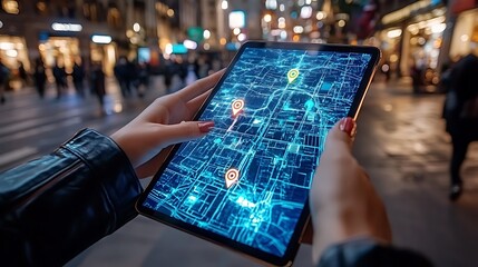 Woman using digital map application on tablet in city at night