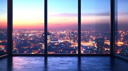 Panoramic city view at sunset from modern office.