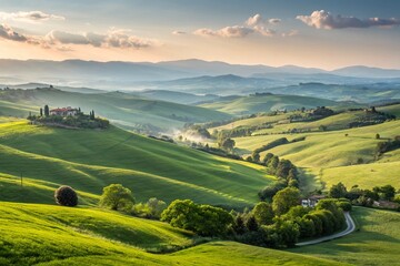 Fototapeta premium Serene Rolling Hills Countryside Landscape - Lush Green Meadows Stock Photo