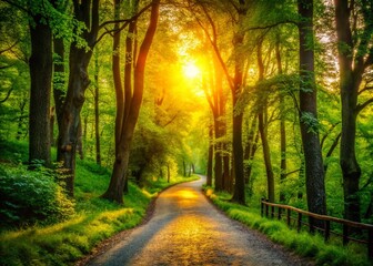 Fototapeta premium Serene Silhouette Pathway: Lush Green Trees, Evening Sun, Peaceful Nature Walk