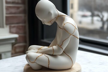 White ceramic figure with golden kintsugi cracks, seated near a window, emphasizing solitude and healing
