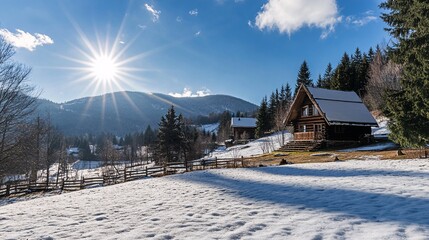Fototapeta premium Sunlit Winter Cabin in Mountain Landscape