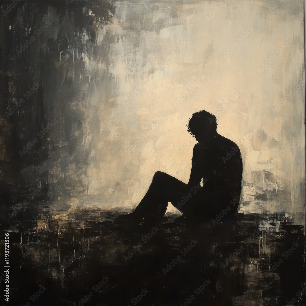 Poster sitting in shadow, a figure grapples with mental turmoil surrounded by abstract elements. generative