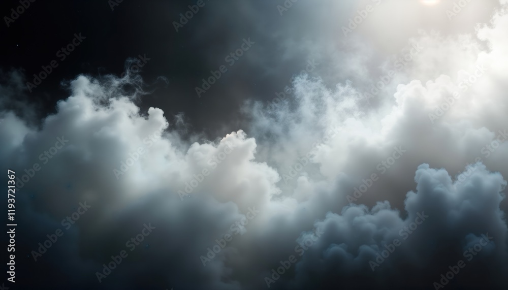 Aufkleber Dramatic panoramic view of swirling clouds, fog against dark background. Abstract cloudy sky pattern suggests stormy mystical atmosphere. Mystical scene of cloudscape smoke. Dynamic motion of mist