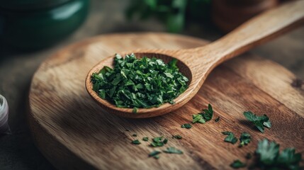 Finely chopped fresh parsley in a wooden spoon on a cutting board.