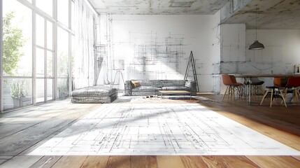 Paint roller painting interior design blueprint sketch background while the space becomes real showing living room. Before and after concept, architect designer creative work flow Paint roller paintin