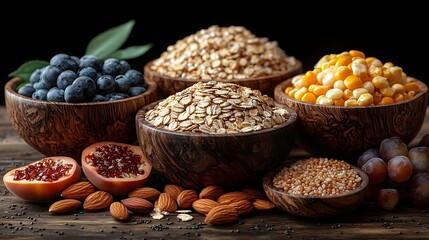 Fototapeta premium Various grains in bowls, Different types of grains (wheat, barley, oats, corn) arranged in elegant bowls on a rustic wooden table, accompanied by fresh fruits and nuts