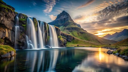 Fototapeta premium Serene Waterfall Cascade into Pristine Mountain Lake - Minimalist Nature Photography