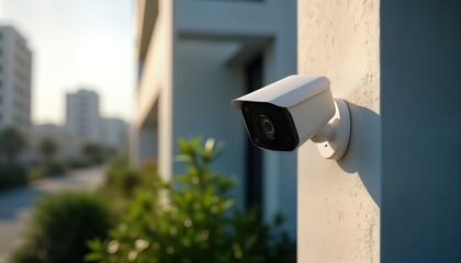 Modern outdoor smart home security camera mounted on side wall. Clear sky, modern building in background. Advanced tech protects home. Security system visible outside. Peace of mind guaranteed. Tech