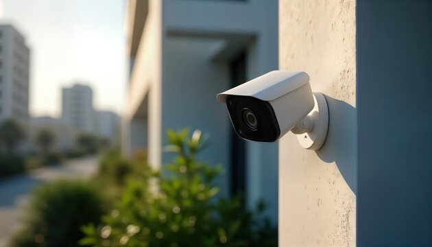Modern outdoor smart home security camera mounted on side wall. Clear sky, modern building in background. Advanced tech protects home. Security system visible outside. Peace of mind guaranteed. Tech