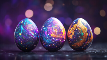 Easter. Three eggs in a row with painted cosmic galaxies glowing on a dark purple background. The beginning of the world.