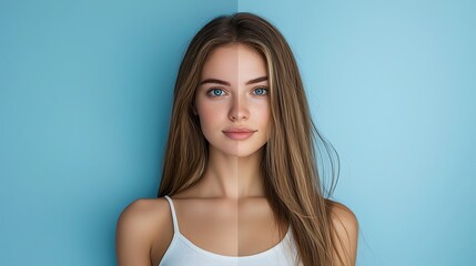 Fototapeta premium Portraits woman before and after from fat to slim concept standing blue background Portraits woman before and after from fat to slim concept standing blue background. before and after