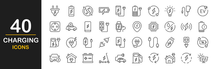 Charging icon set. Containing charge, battery, electric socket, energy, electricity, charger, recharge, electric car and charging station icons. Vector illustration