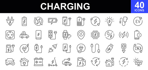 Charging icon set. Containing charge, battery, electric socket, energy, electricity, charger, recharge, electric car and charging station icons. Vector illustration