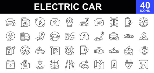Electric car icons set. Linear icon collection  related to electric car. Battery, ecology, electric vehicle charging station, vehicle and more. Vector illustration