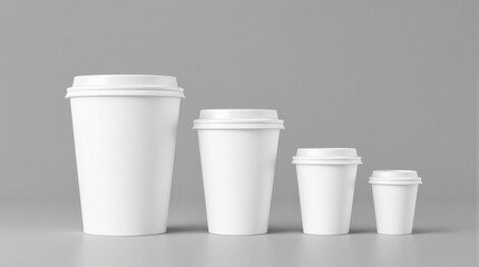 Paper coffee cups in different sizes on gray background