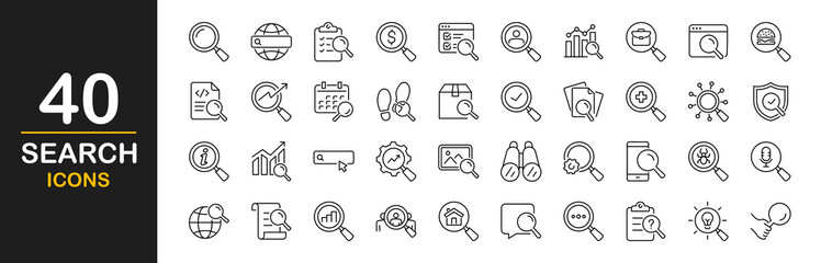 Search icon set. Contains such Icons as zoom, find document, web search engine, analytics, magnify glass symbol, look tool, binoculars, investigate and more. Vector illustration
