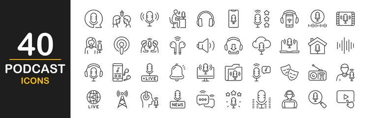 Podcast icons set. Containing audio, microphone, record, podcasting, broadcasting, headphones, internet conference, chat, recording a webinar, Interview and more. Vector illustration