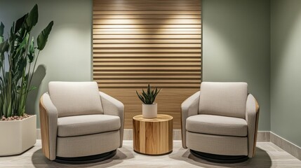 Cozy lounge setting with two armchairs, wooden table, and indoor plant decoration