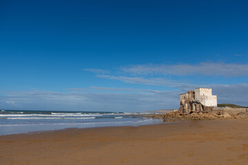 Seaside castle on the large beach of Kouaki near Essaouira in Morocco