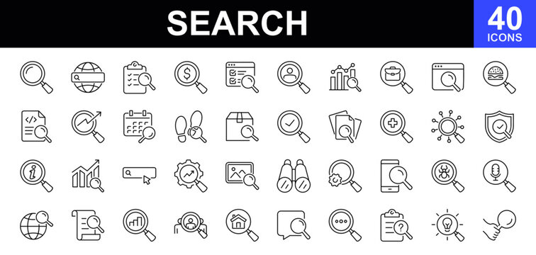 Search icon set. Contains such Icons as zoom, find document, web search engine, analytics, magnify glass symbol, look tool, binoculars, investigate and more. Vector illustration