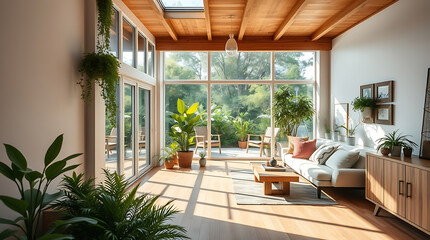 Fototapeta premium Modern Home Interior Design: Sunlit Living Room with Abundant Greenery and Natural Wood Accents