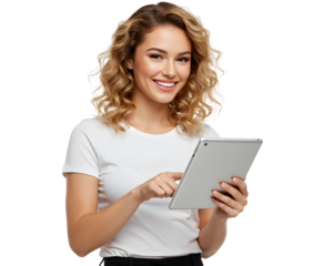Beautiful smiling woman holding a tablet computer.