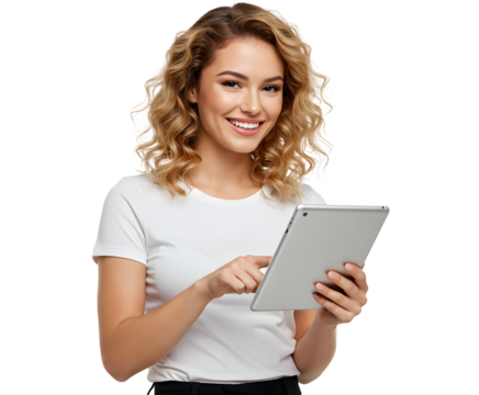 Beautiful smiling woman holding a tablet computer.