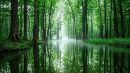 Misty green forest with calm reflective water.