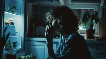 Fototapeta premium A person munches on food in the dim light of the refrigerator, illustrating the late-night struggle with emotional eating.