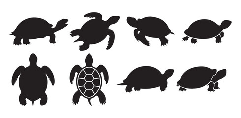 Set of hand drawn swimming turtle silhouettes on white background. Vector illustrations of ocean and underwater animals, perfect for marine-themed designs.