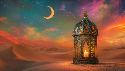 Ramadan Kareem - Arabic Lantern At Dawn In Desert With Crescent Moon In Starry Sky - Abstract Glitter In The Candlelight
