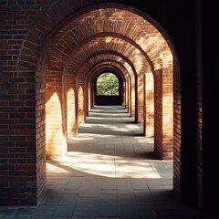 Fototapeta premium A long brick hallway with a window in the middle