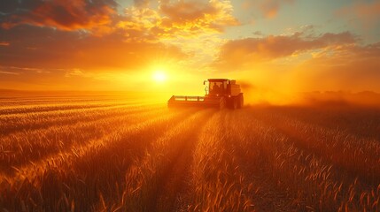 Obraz premium Wheat harvest scene with combine harvester, A combine harvester moving through a golden wheat field, while farmers work in the foreground, gathering freshly cut grain