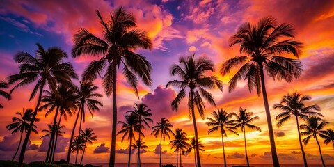 Obraz premium Silhouetted Palm Trees at Sunset, Tropical Paradise Beach Scene