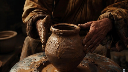 Potter at Work, Shaping Clay Vase: A skilled potter’s hands gently shape a clay vase on a rotating wheel, highlighting the artistry of ceramic crafting.