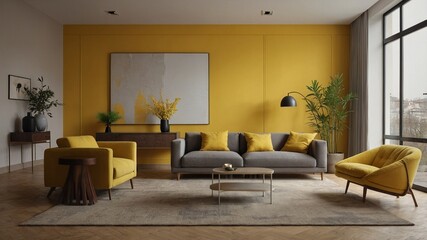 Fototapeta premium Modern living room, sofa interior design, empty room, contemporary style, minimalist decor, neutral tones, cozy space, spacious, clean lines, bright, stylish furnishings, comfortable seating, function