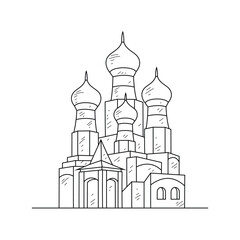 Islamic Mosque Line Art Illustration - Traditional Muslim Architecture with Minarets and Domes in Minimalist Black and White Architectural Drawing Style. Architectural themes design vector concept.