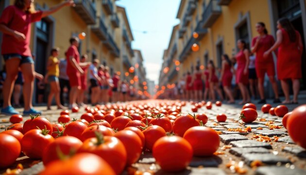 People throw tomatoes in city street. Huge crowd participate in traditional tomato festival. August celebration in Spain. Lots of ripe red tomatoes on ground. Many people wear red clothes. Urban