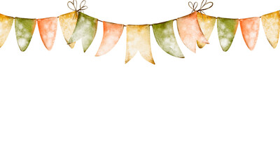 Watercolor garland Pennant seamless border. Hand-drawn adornment of a competition banner with orange and green pennants, ideal for seasonal events like Thanksgiving or St. Patrick's Day. © Elena