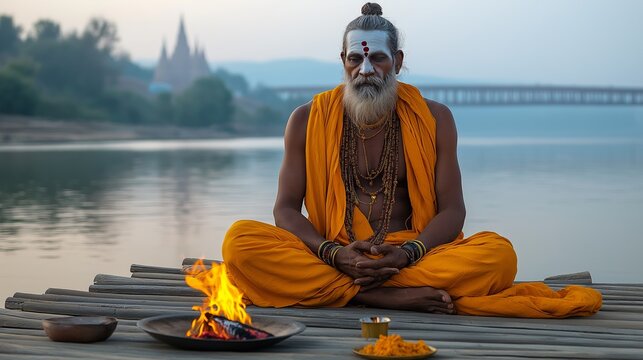 Indian sadhu meditating by the narmada river at dawn, performing a ritual