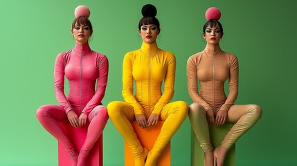 Three fashion models posing with colorful outfits and balls on head