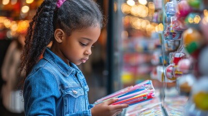 A young girl in a denim jacket intently examines colorful stationery in a lively store.