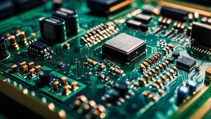 Obraz premium Abstract glowing green circuit board background, technology, electronics, futuristic, data, network, computer, digital, signals, innovation, interface, power, system, motherboard, processing, hardware
