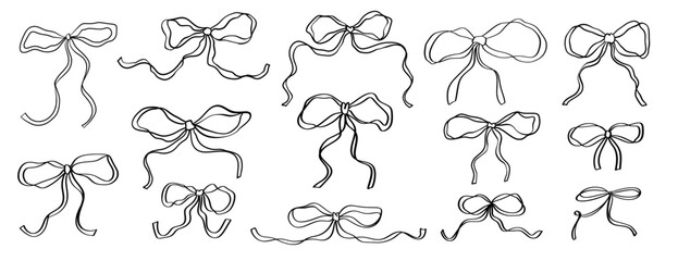 Hand drawn doodle bow ribbons. Vector illustration of vintage whimsical cute decorative bows. Coquette design elements in retro french style for wedding or christmas invitation, dinner menu.