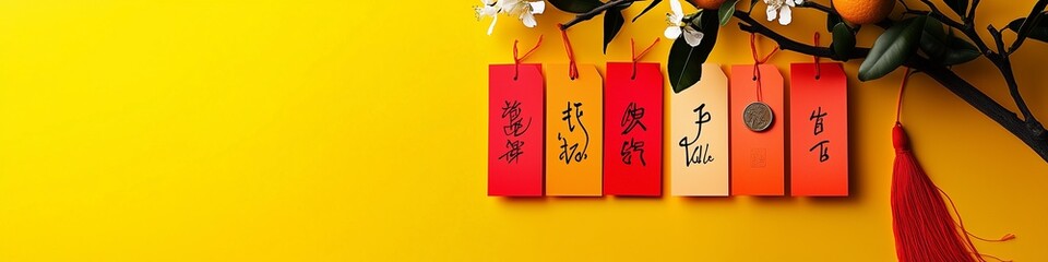Chinese New Year decorations with red envelopes and yellow background for festive celebration