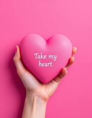 Pink Heart with 'Take my heart' Text Held by Hand on a Matching Pink Background