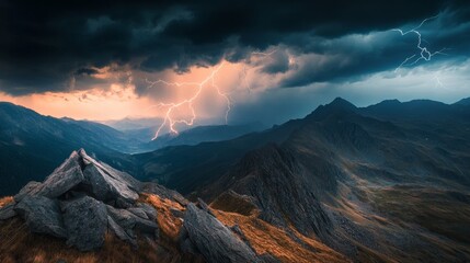 A dramatic lightning storm over a rugged mountain landscape, Storm scene, Intense style